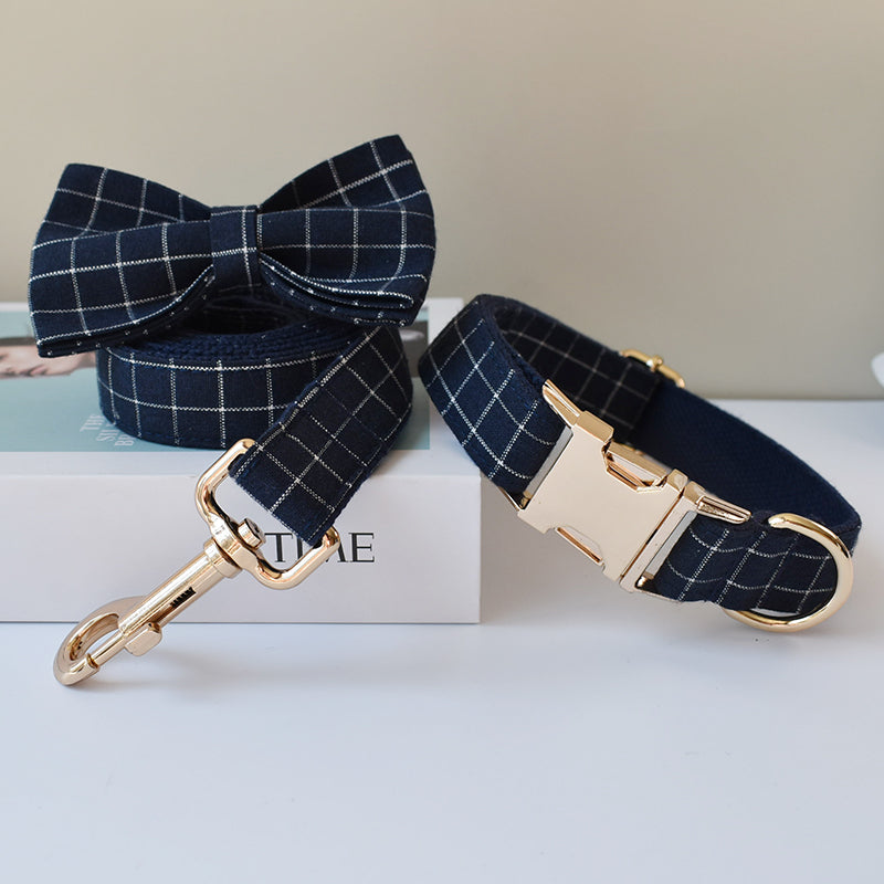 Navy Blue Plaid Gold Button Dog Collar Alloy Buckle
