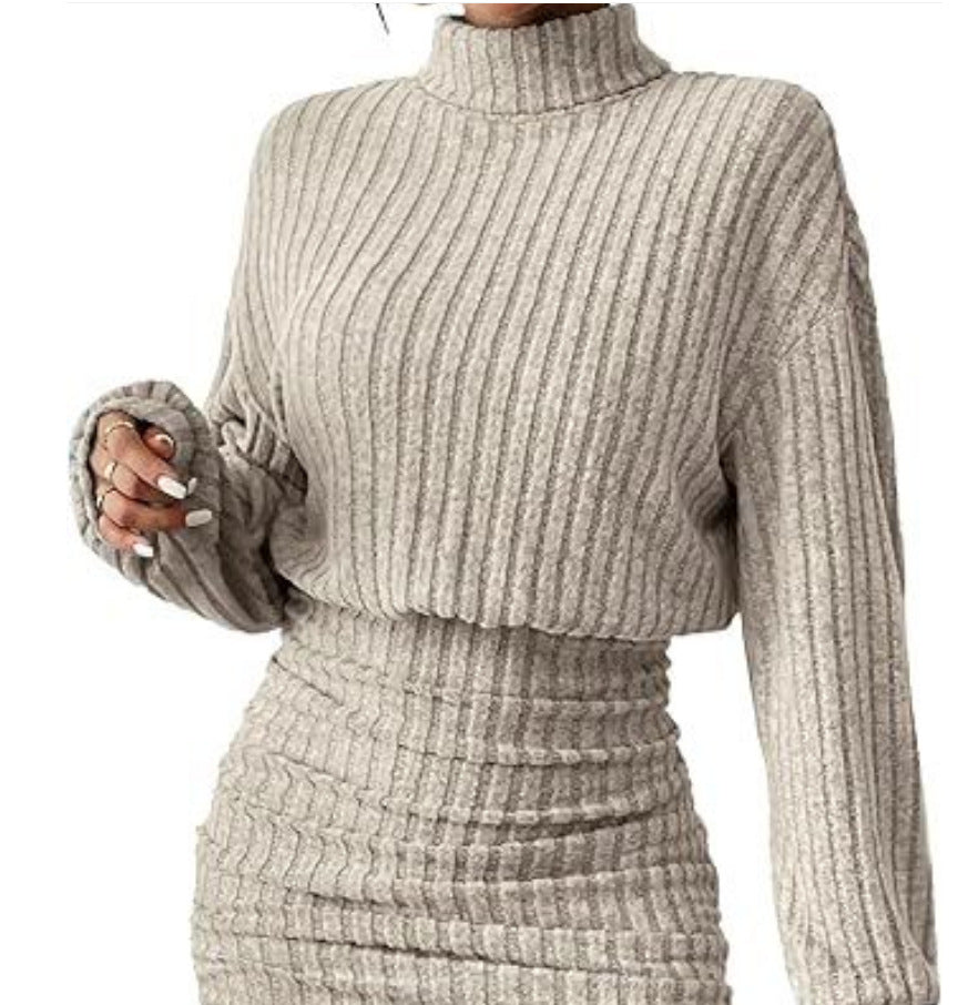 Hug-hem Long-sleeve Turtleneck Skirt Rib-knit Dress