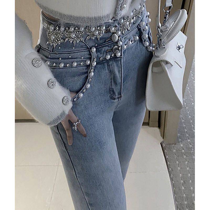 High Rise Single Breasted Jeans With Beads And Wool Stitching