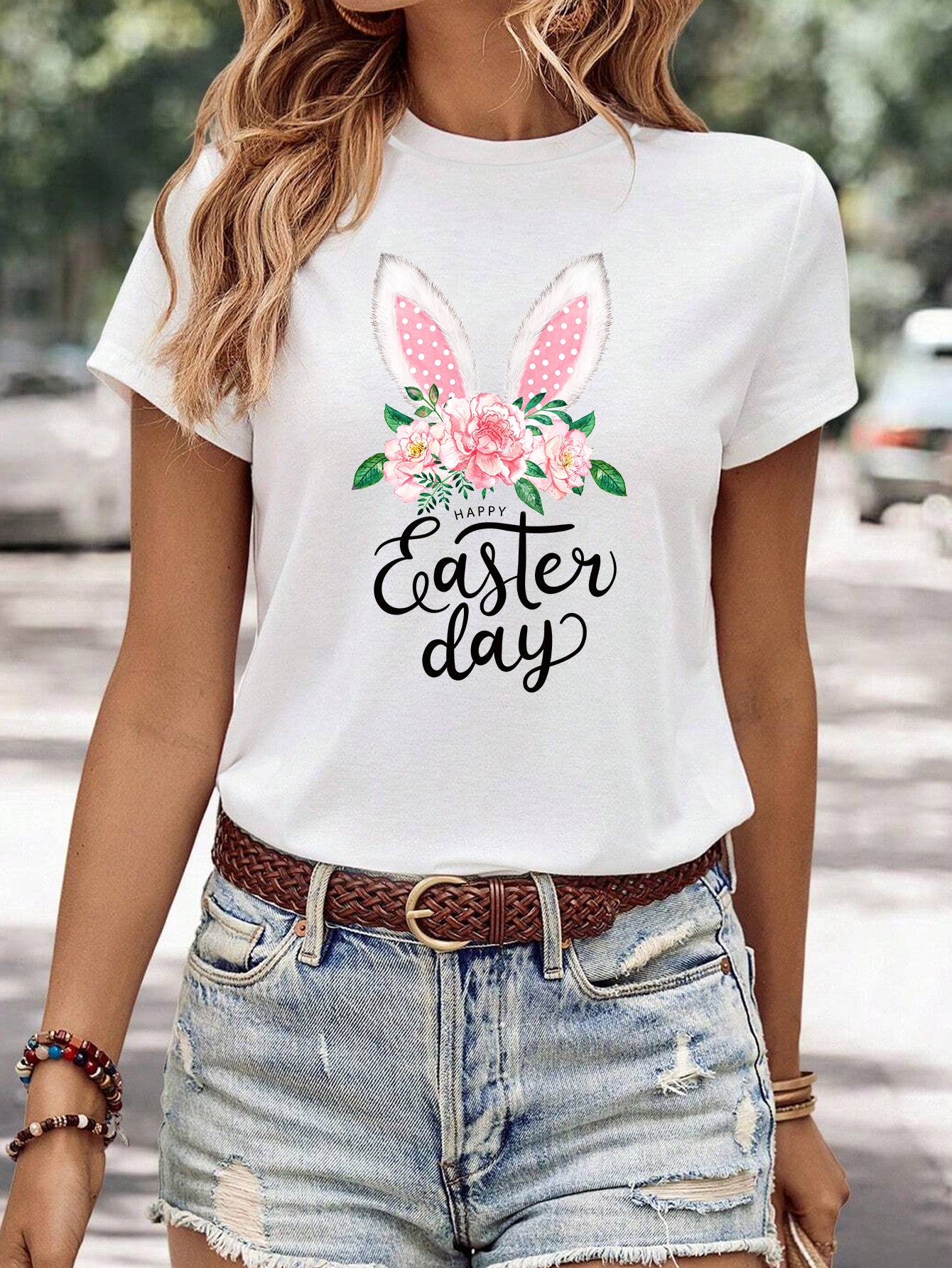 Kvinders minimalistiske afslappede T-shirt med print og rund hals