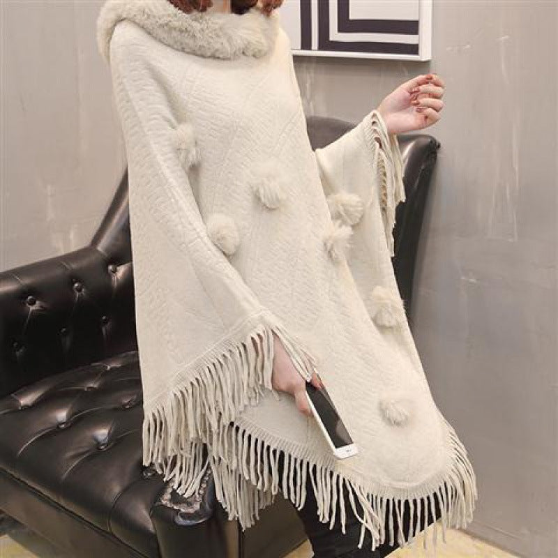 Loose Outer Wear Fur Collar Bat Shirt With Hand-woven Tassels
