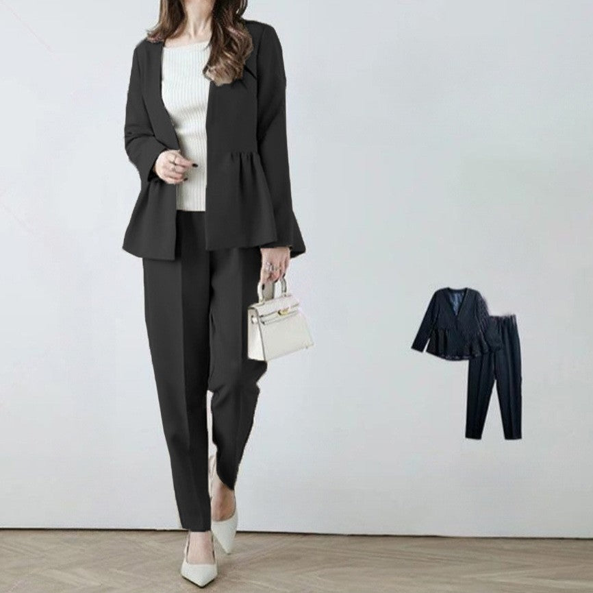 Fashionable Ruffle-Trimmed Suit With A Collarless Blazer And Long Sleeves
