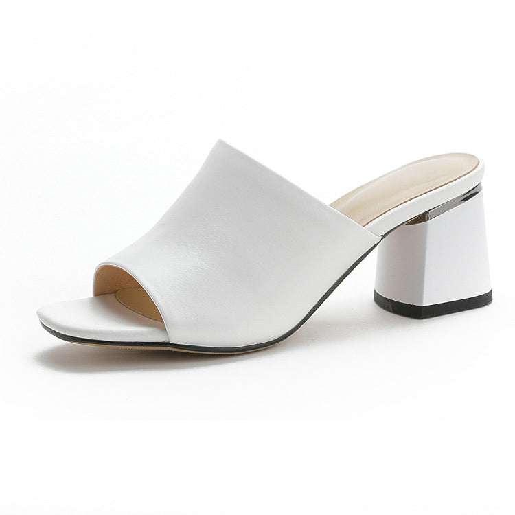 All Leather Fashion Square Toe Mid-high Heel Slippers