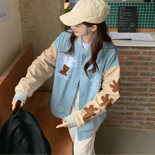 Giacca autunnale alla moda con ricamo orso, stile baseball