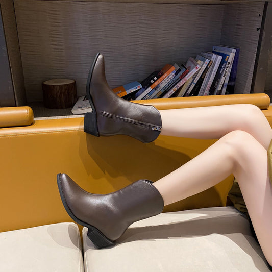 Spring And Autumn Models Pointed Toe Mid-tube Thick Heel Martin Boots