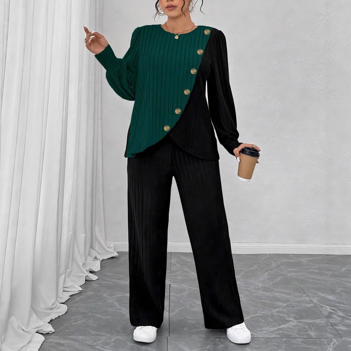 Round-neck Long-sleeve Soft Knit With Textured Color Blocks And Asymmetrical Design