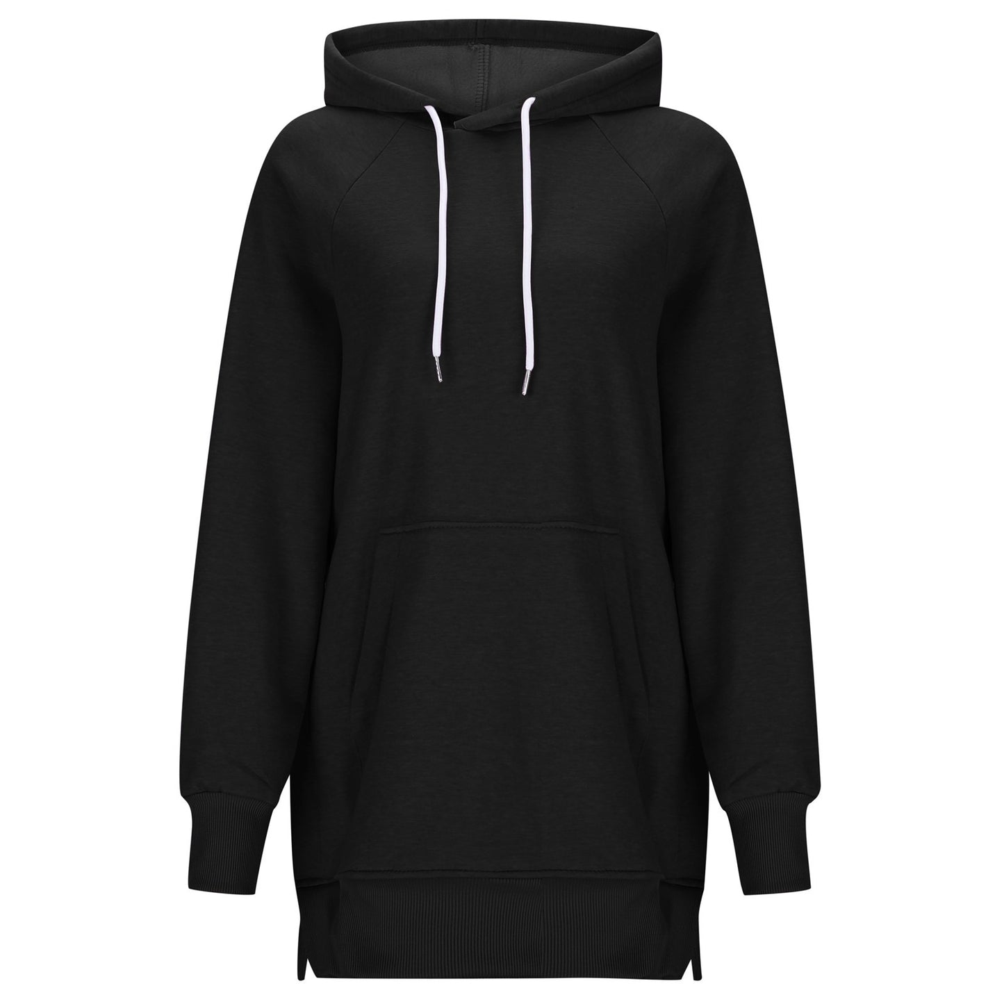 Dame ensfarvet sweater med hætte, slidser ved skuldrene og ærmer