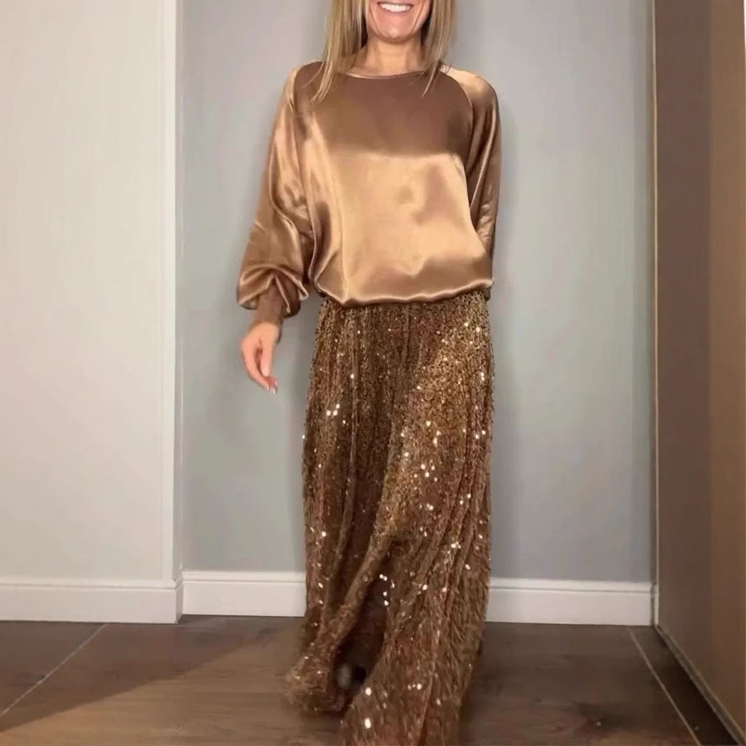 Round Neck Satin Top Sequin Dress Suit Two-piece Set