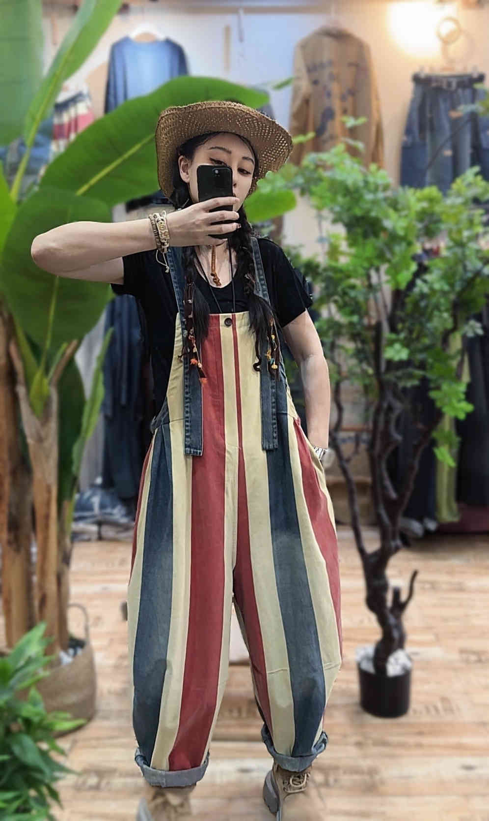 Vintage Stribede Seleshorts Kvinder Løs Bomuldsdenim Jumpsuit