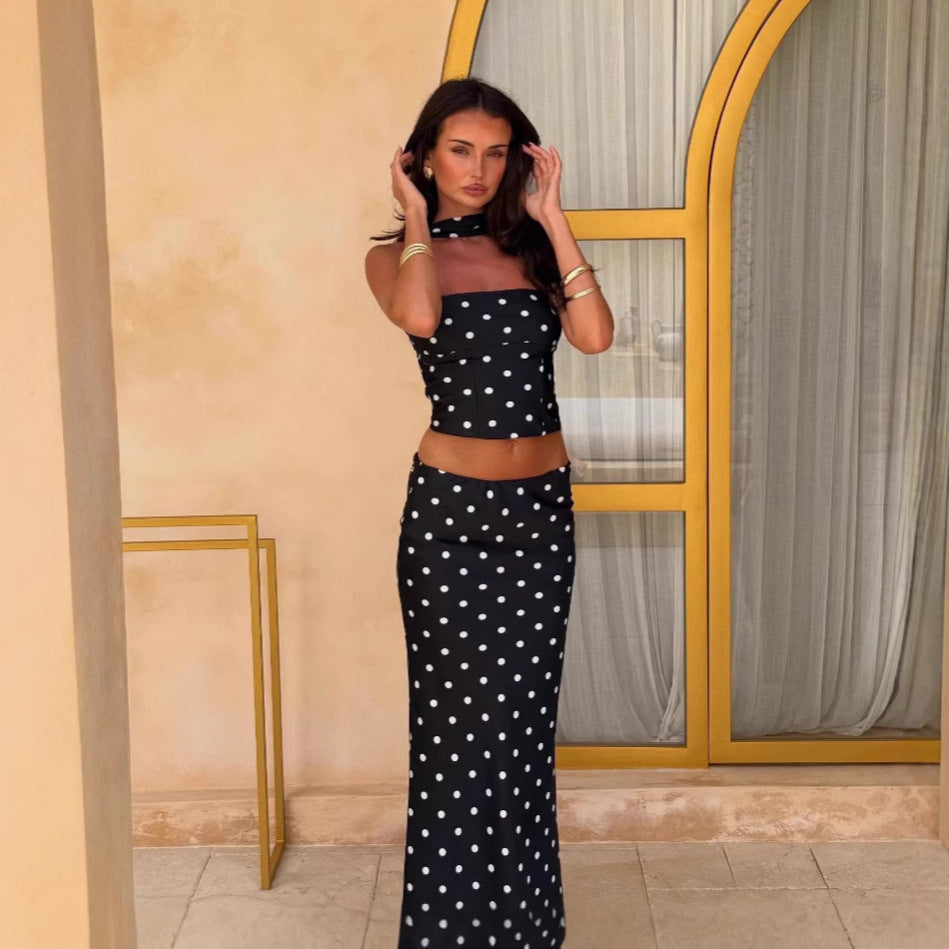 Temperament Polka Dot Print Top Vest Dress Two-piece Set
