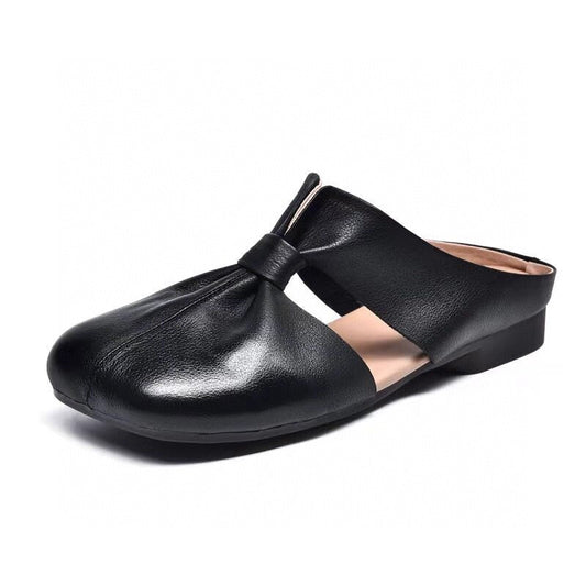 Soft Leather Bottom Square Bow Women's Slippers