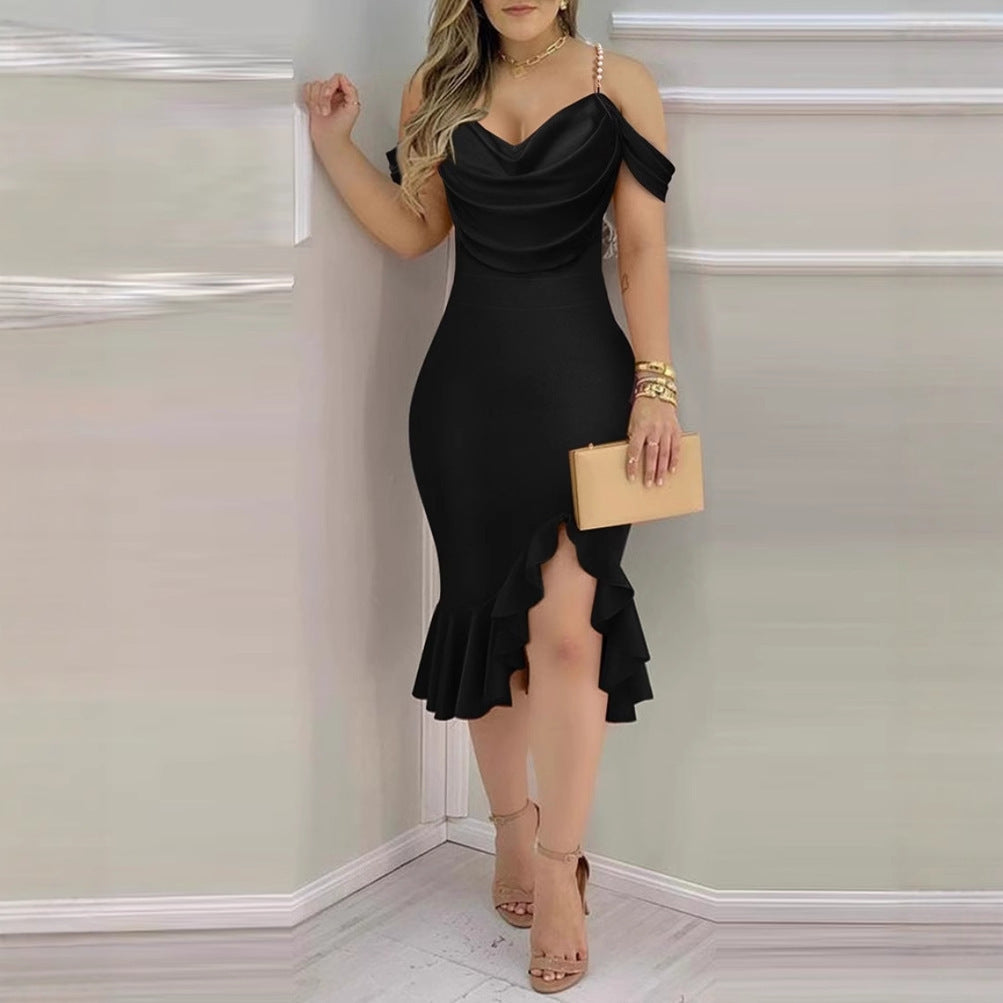 Pearl Chain Decorated Mock Two-Piece Boat-Neckline Dress