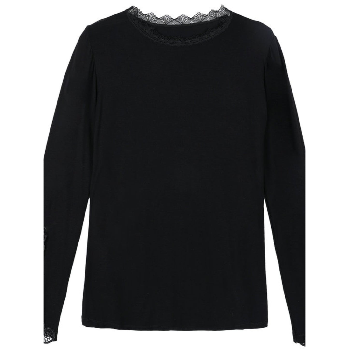 Womens Low-neckline Lace Black Top Thin Long-sleeve Design