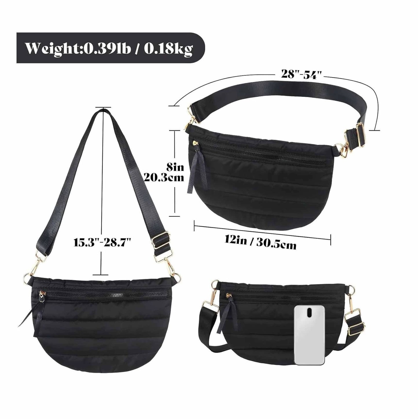 Womens Casual Quilted Solid-Color Down Waist Bag Shoulder Bag