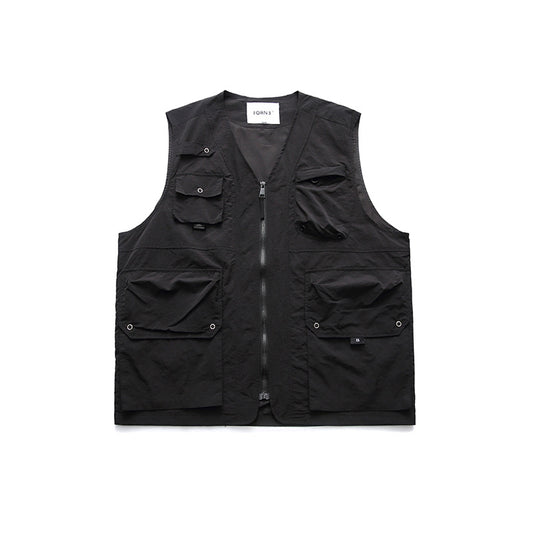 Solid Color Multi-pocket Collarless Frock Vest