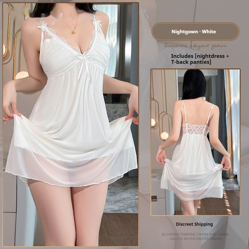 Womens Lace Camisole With Padded Bra Skin-friendly Ice-silk Nightgown Adorned With Lace Trim