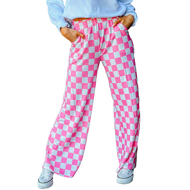 Spring New Chessboard Plaid Printed Casual All-match Loose Wide-leg Pants