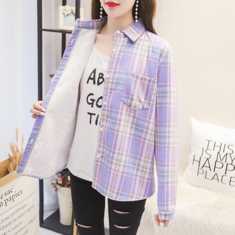 Thicken Plus Velvet Plaid Shirt Women Retro