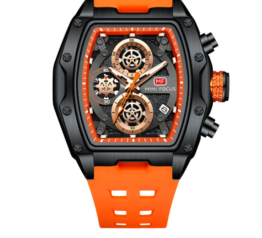 Track-Style Sports Chronograph Mens Watch With Curved Glass And Openwork Design