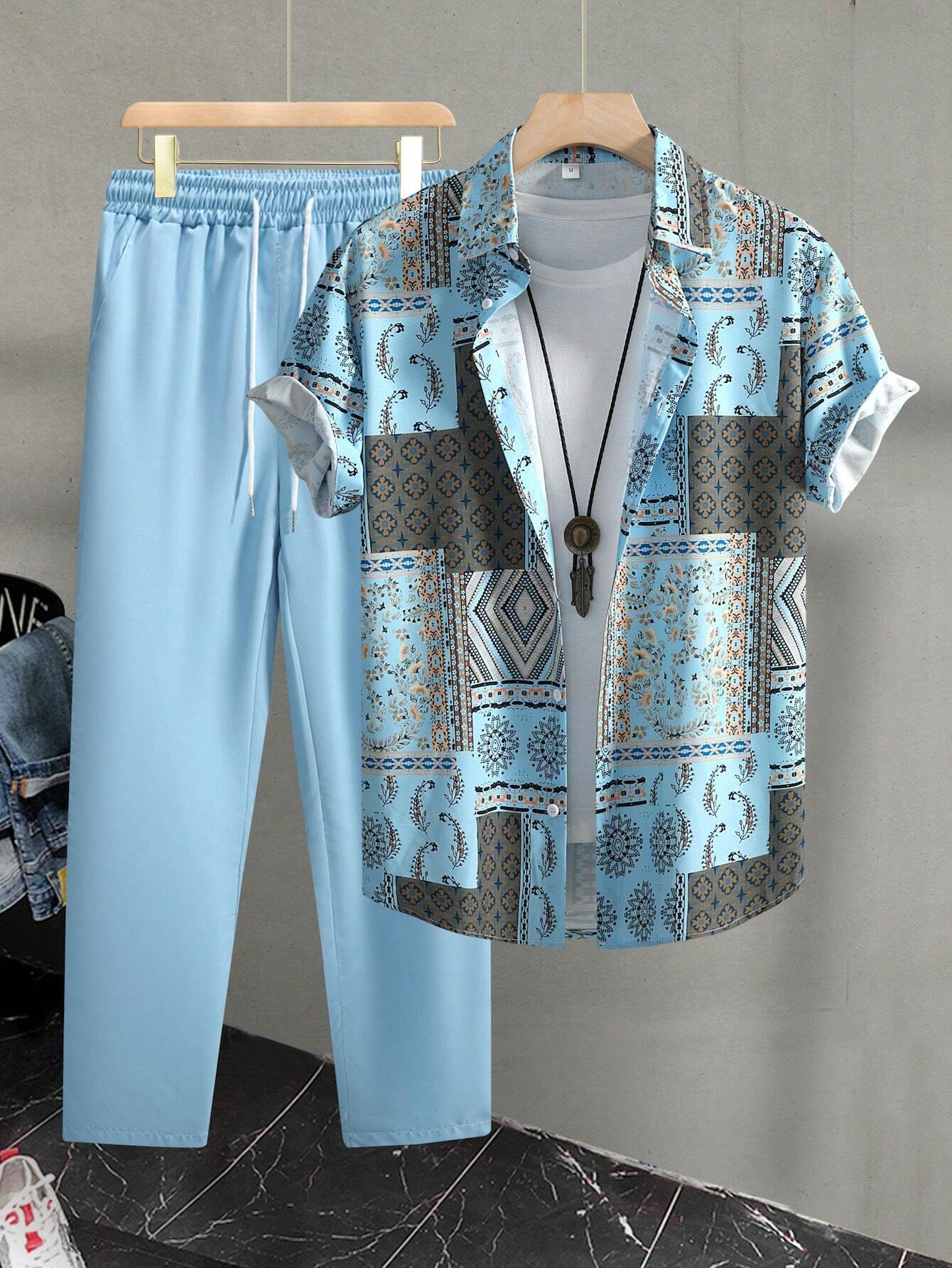 Casual Ethnic Style Short Sleeve Shirt Trousers Suit