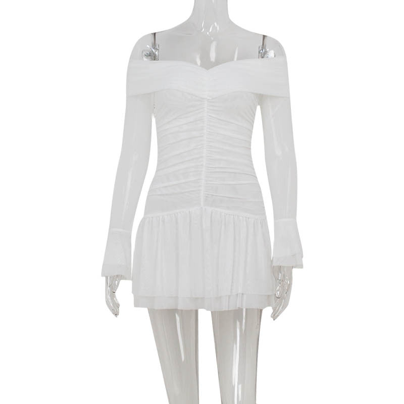 Long-sleeved High-waisted Figure-flattering Solid-color A-line Pleated Dress