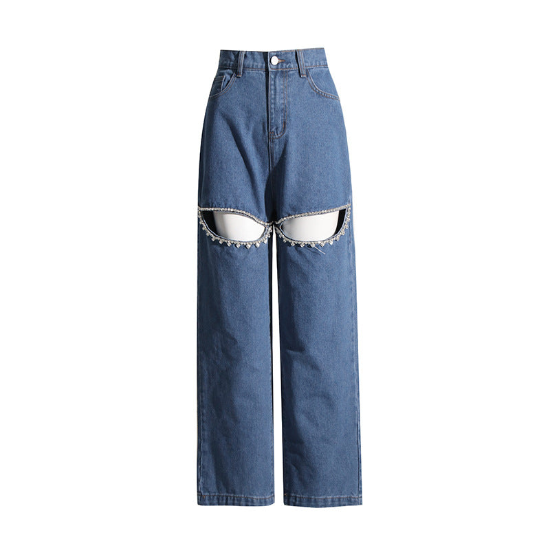 Lange Lige Jeans med Diamantperler og Høj Talje med Huller