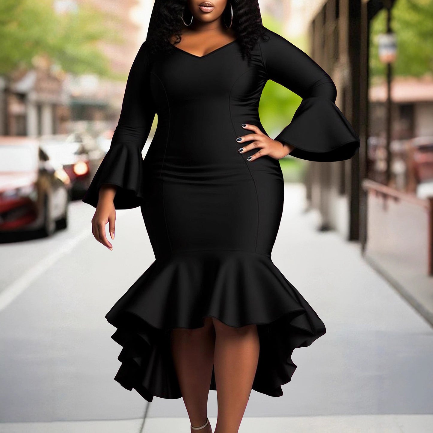 Womens Flared Sleeve Long-Sleeve V-Neck Plus-Size Dress