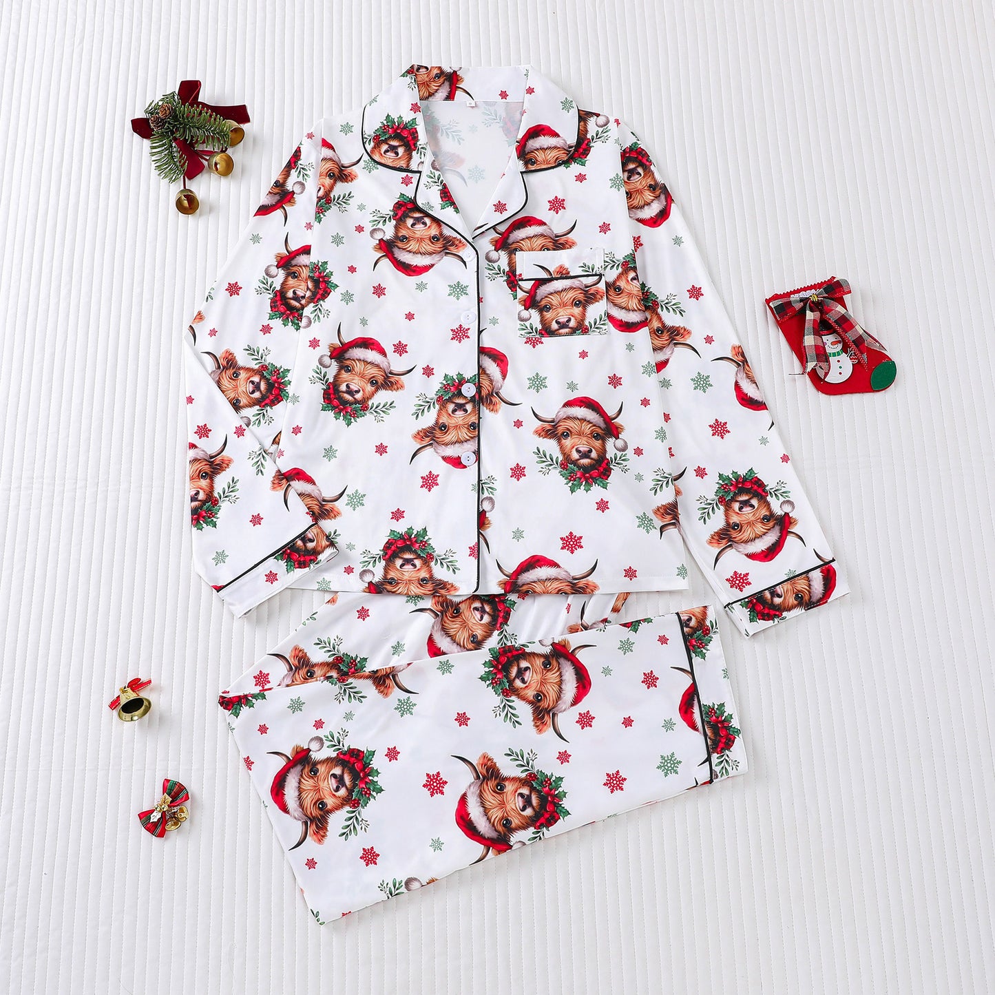 Women's Pajamas Four Seasons Christmas Printing Lapel Long Sleeve