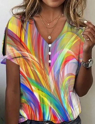 Women's Printed Comfort And Casual V-neck Buttons Short Sleeve