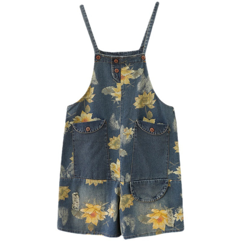 Women's Summer Fashion Denim Suspender Print Shorts
