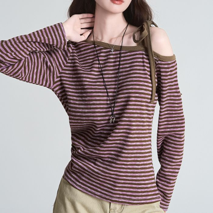 Purple Striped Off-shoulder Long Sleeve Women's Slim Base Shirt