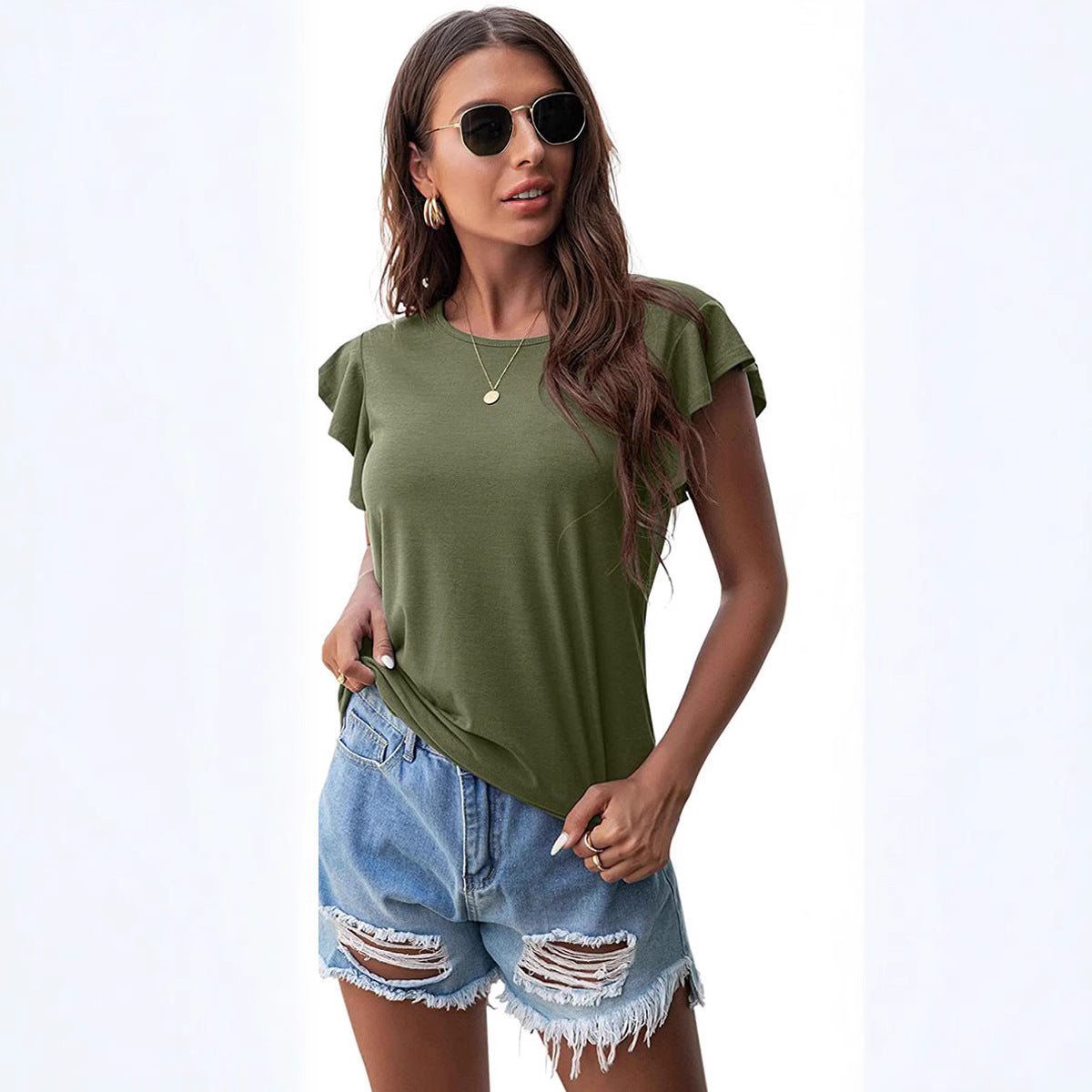 Women's Round Neck Ruffled Short Sleeve T-shirt