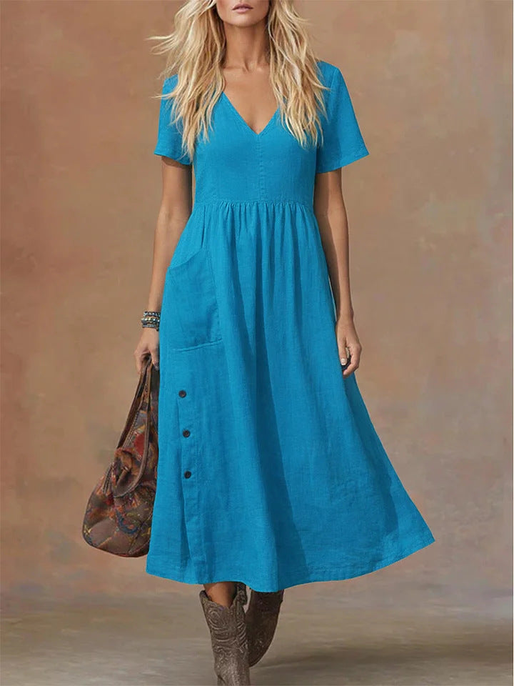 Women's V-neck Short-sleeve Pocketed Loose-fitting Fashionable Dress