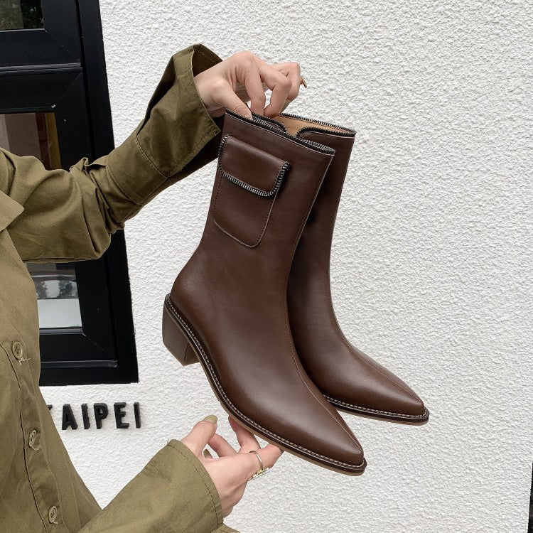 Thick Heel Low Heel Pointed Side Zipper Ankle Boots Fashion Knight Boots