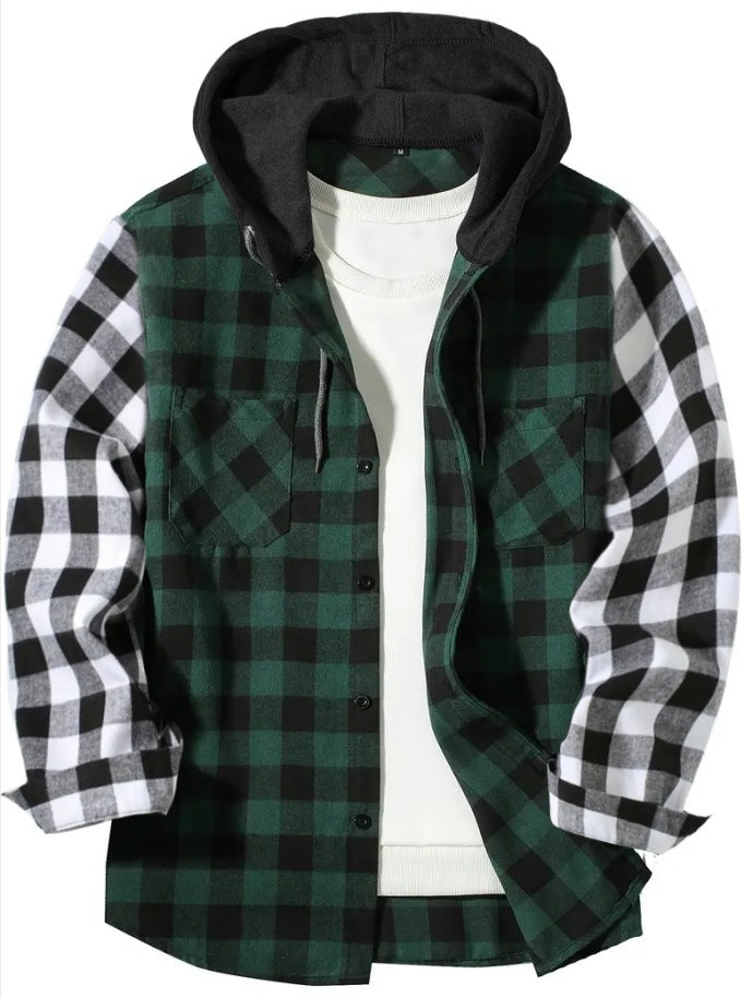 Patchwork Plaid Hooded Long-sleeved Shirt