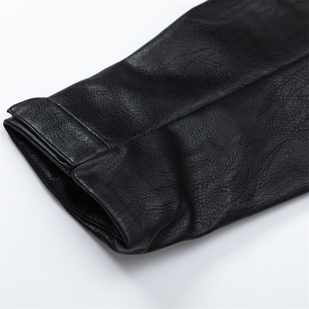 Loose Casual Deconstructing Patchwork Stand-up Collar PU Leather Jacket Coat