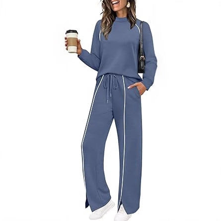 Round Neck Long Sleeve Stretch Leg Slit Casual Sweatshirt Outfit