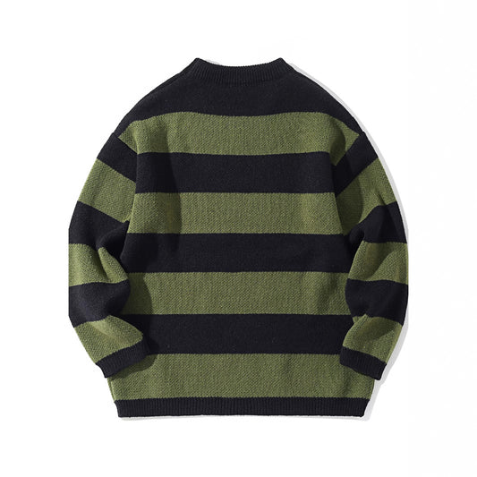Contrast Color Striped Autumn And Winter Loose Round Neck Pullover All-matching Men's Sweater