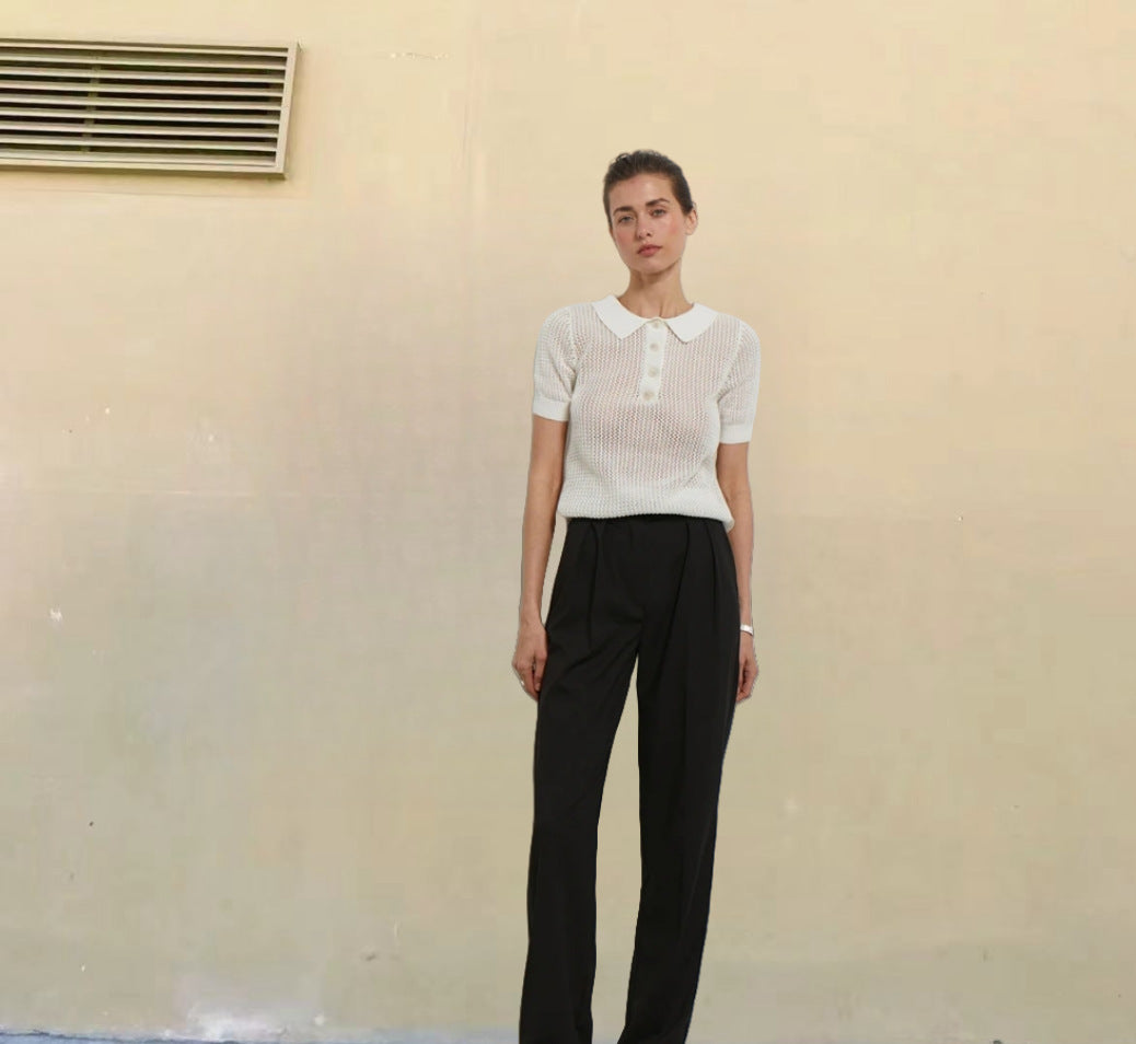 European And American Short Sleeve Lapel Hollow See-through Knitwear Solid Color And V-neck