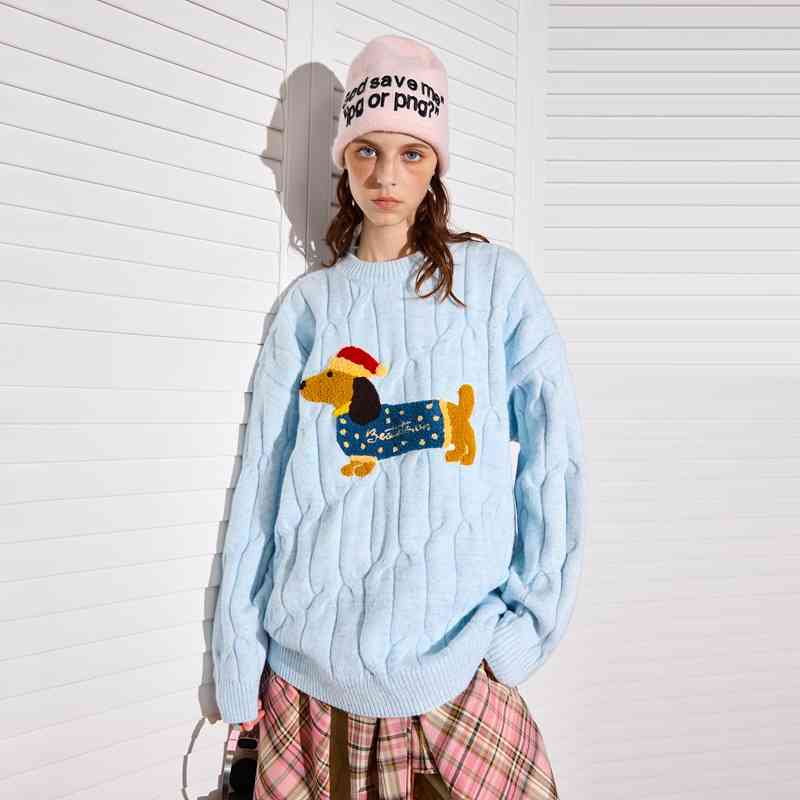 Sausage Puppy Embroidered Round Neck Sweater Women's Loose Sweater