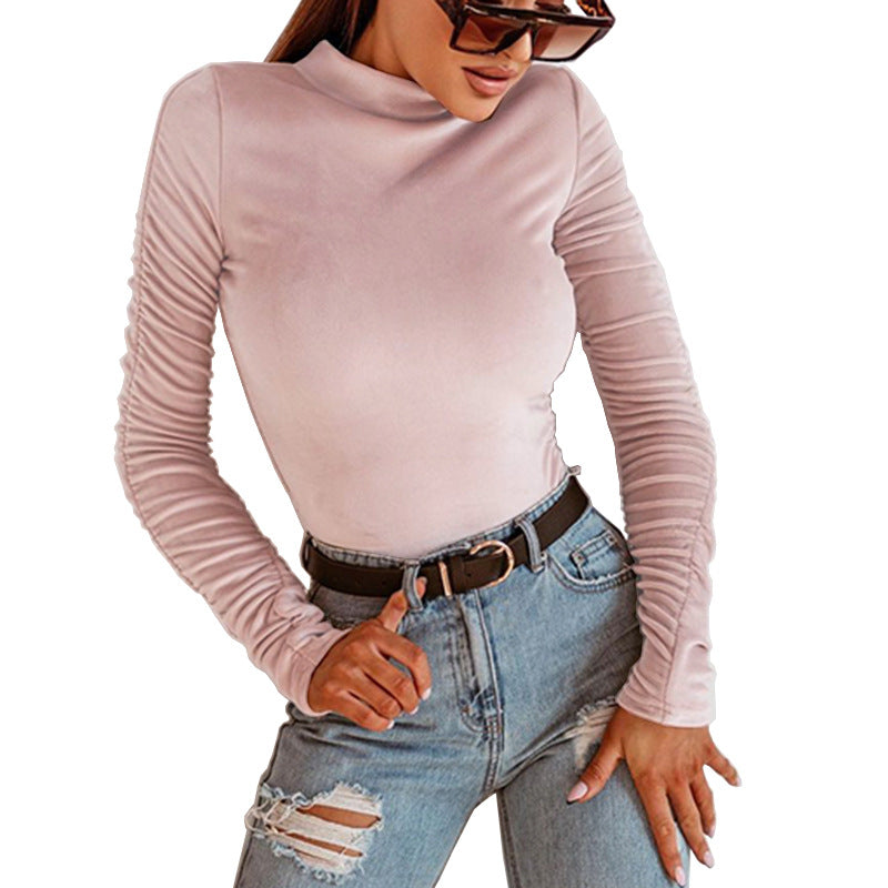 New Solid Color Temperament Versatile Pleated Long Sleeves