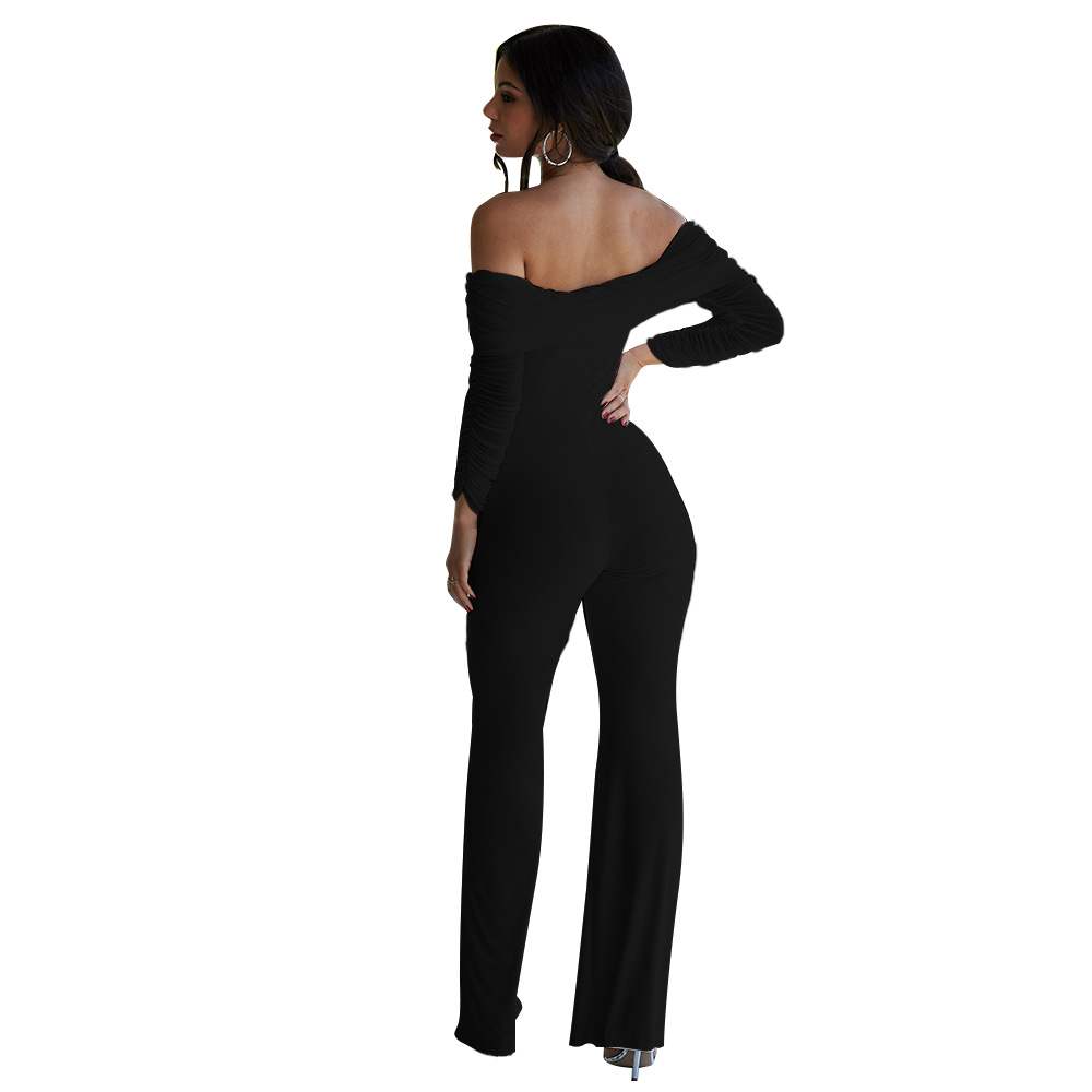 Solid Pleated One-piece Pants With Flared Shoulder Long Sle