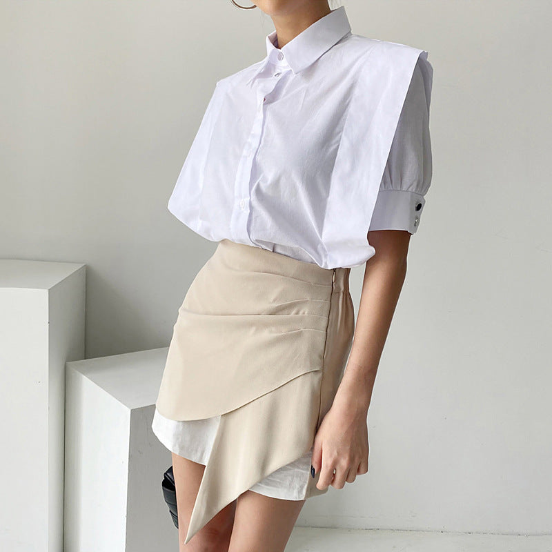 Single-breasted Loose Short Sleeve Shirt High Waist Irregular Sheath Skirt