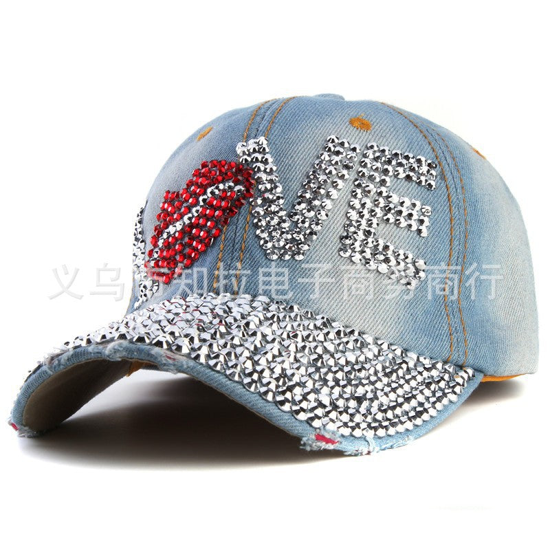 Trendy LOVE Diamond Washed Denim Hat Ladies