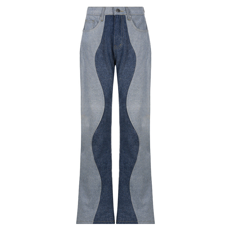 American Color Blocking Leg Length Straight Casual Jeans