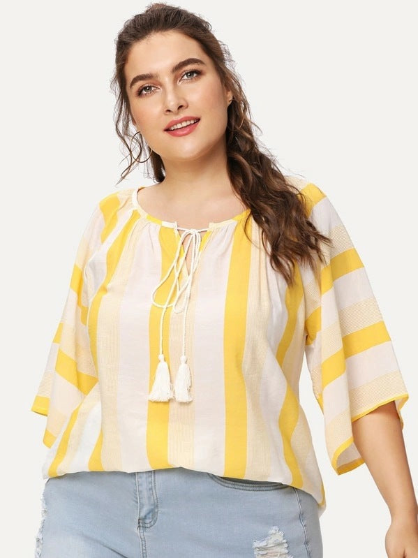 Women's Striped Half Sleeve Top Loose Crew Neck Fringe Belted Shirt