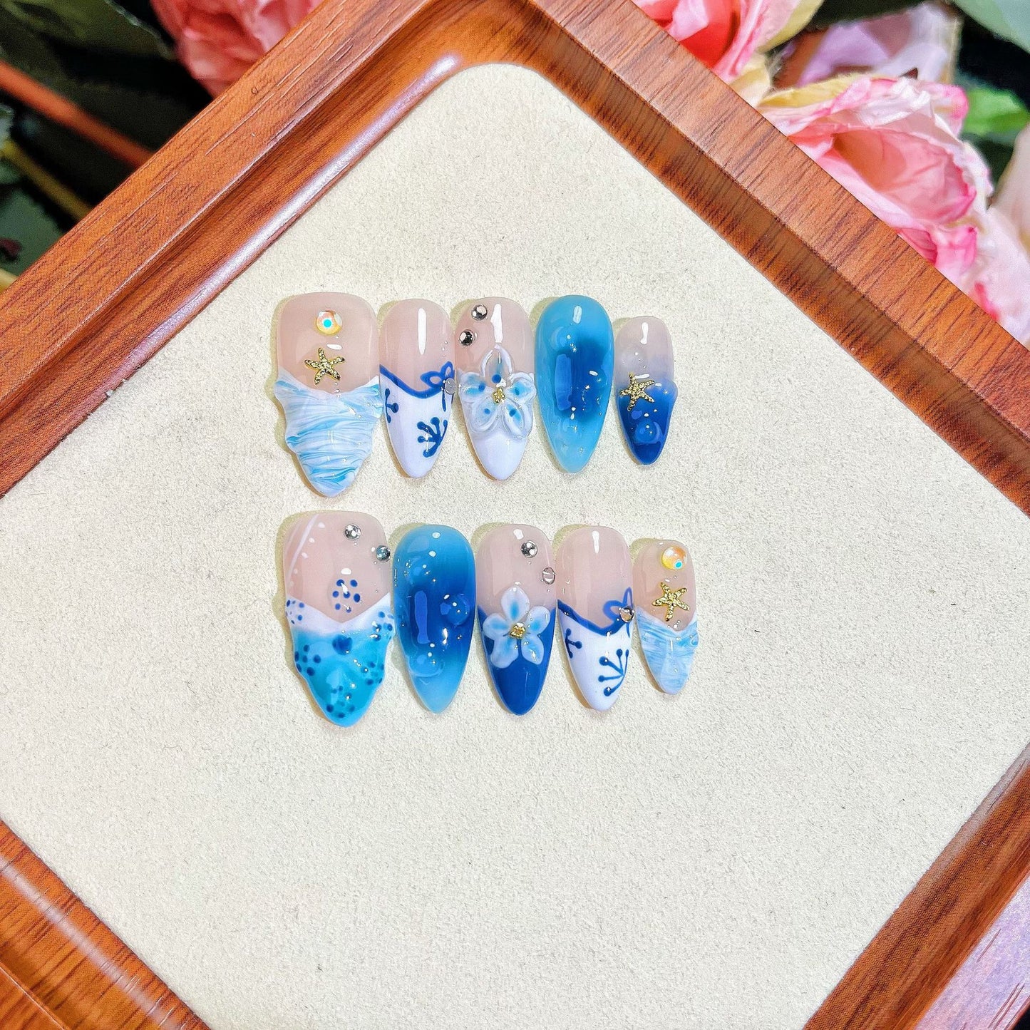 Blue Hand-painted Carved Summer Ice Transparent Wear Fake Nails