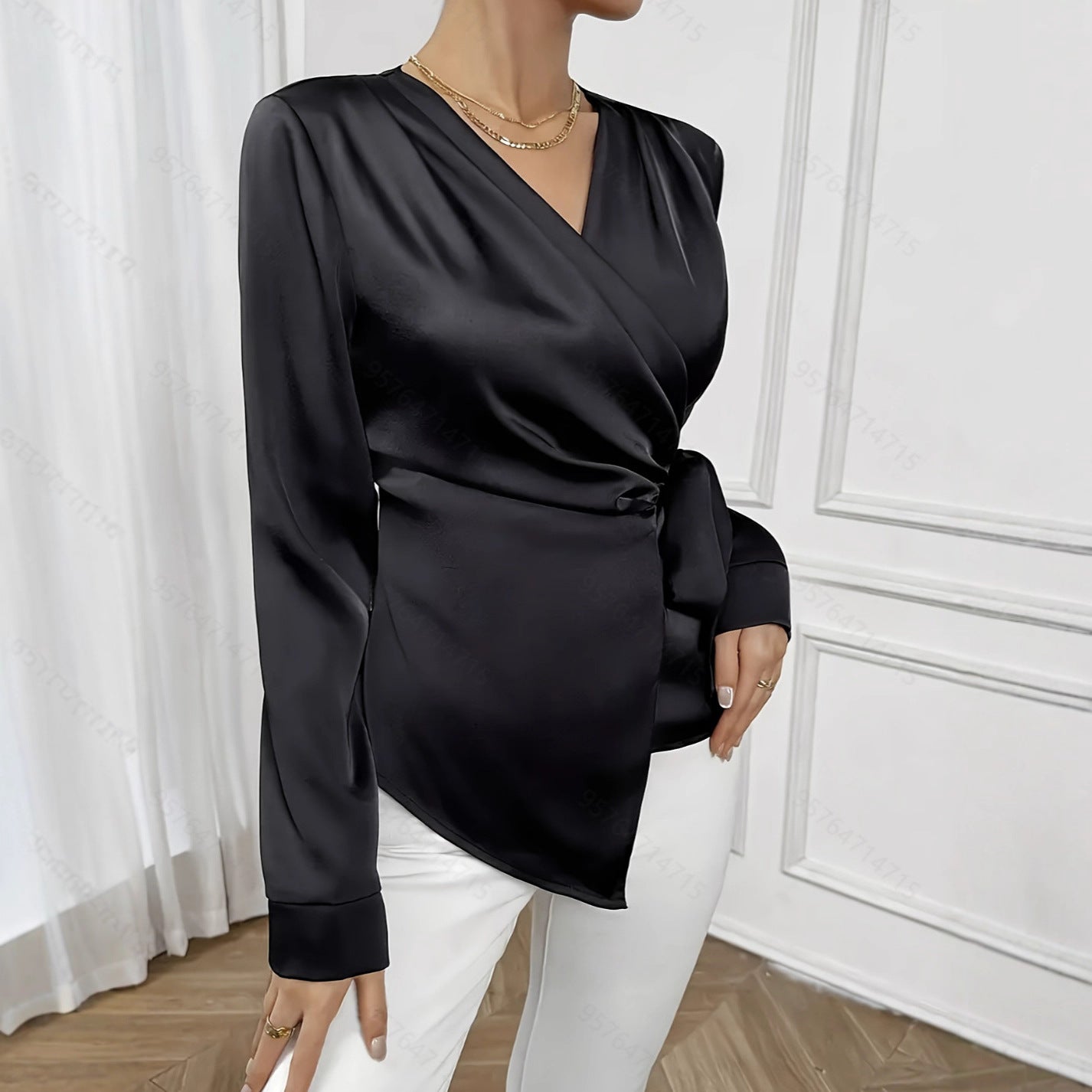 Luxury High-end Light Mature Waist-tie Long Sleeve Top