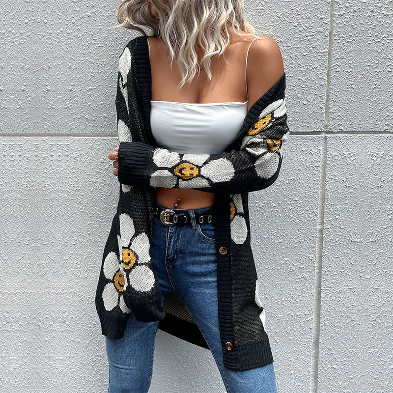 Fashion Ladies Flower Long Sleeve Sweater Cardigan