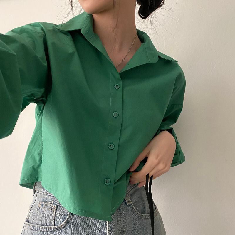 Back Slit Loose Lapels Short Long Sleeve Shirt